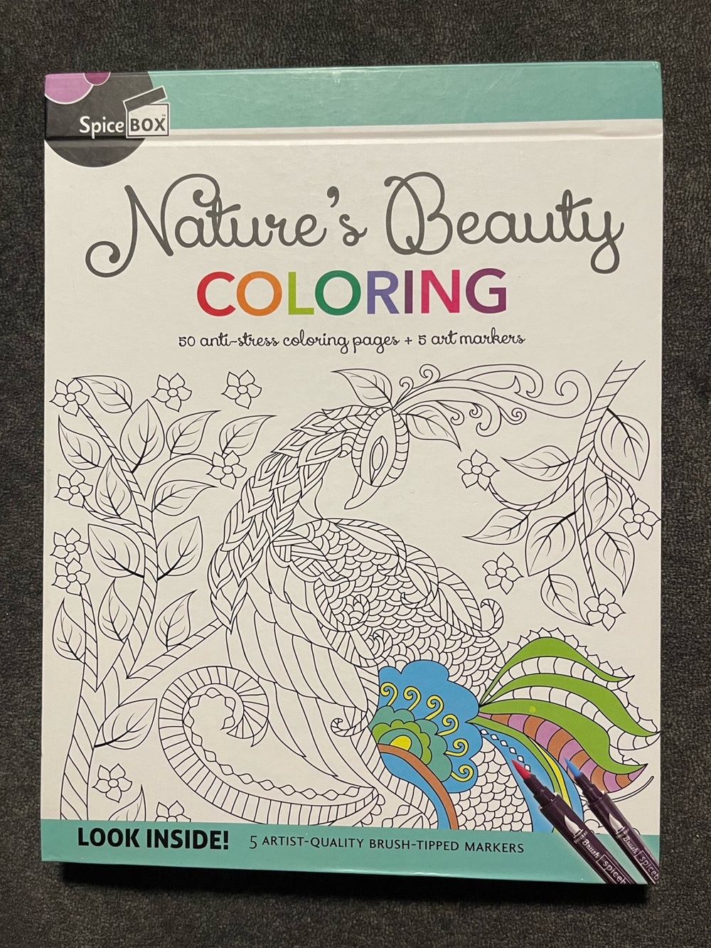 SpiceBox Nature's Beauty Colouring Book 50 Pages & 5 Markers UNUSED